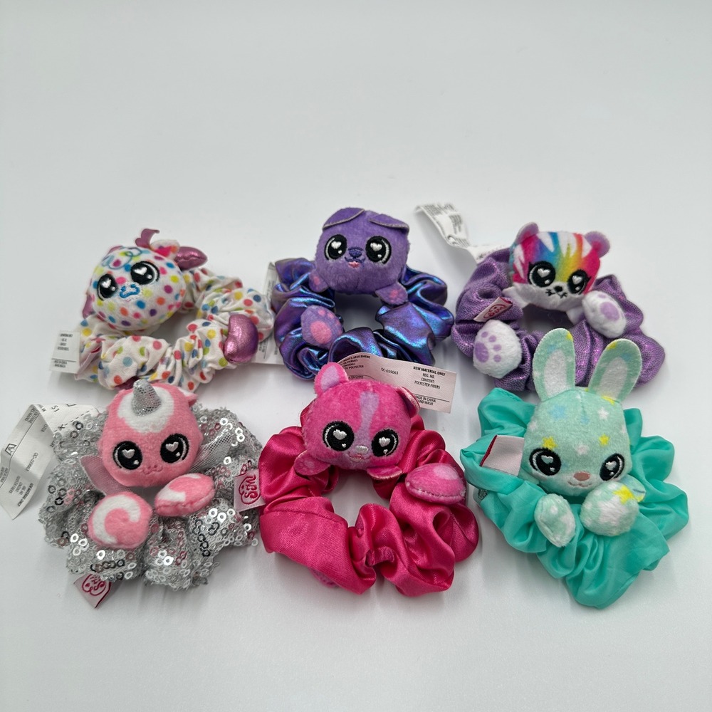 Moose Toys Scrunchems Hair Scrunchies Kids OS Multicolor Excellent Plush Lot 6pc